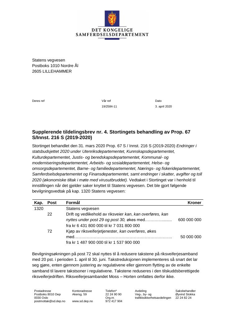 Forsiden av dokumentet Tildelingsbrev Statens vegvesen 2020 - tillegg nr. 4