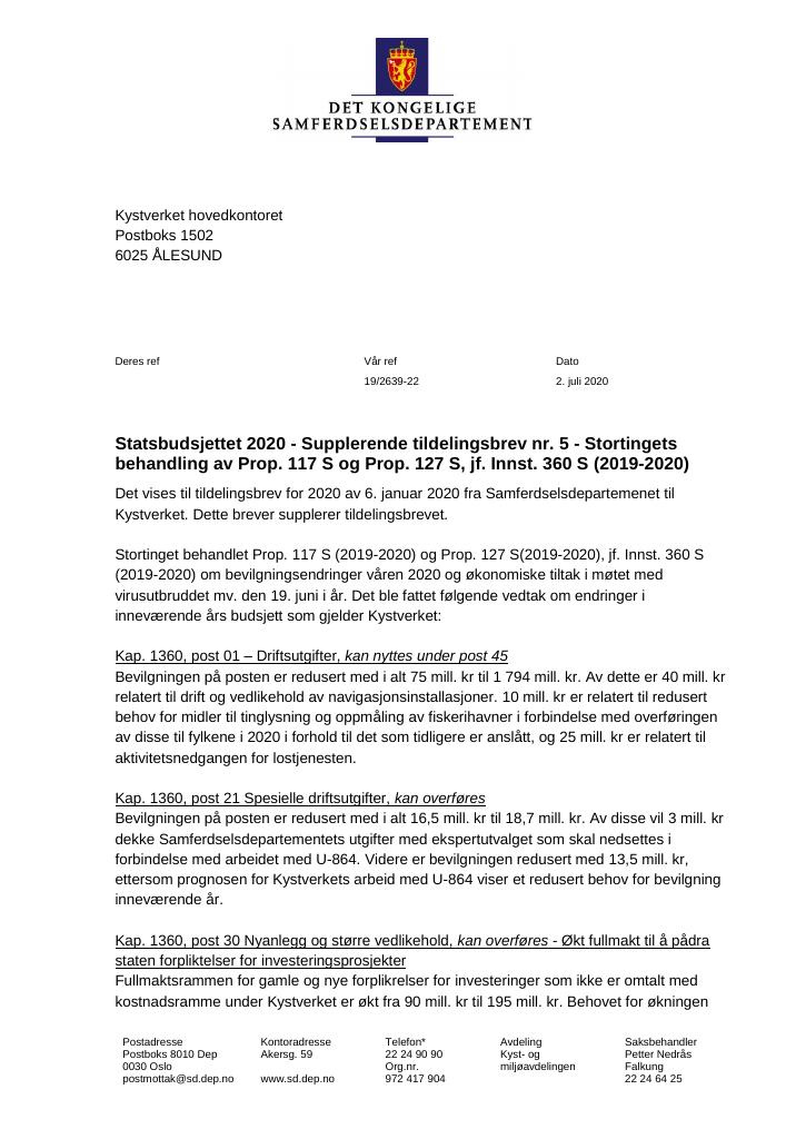 Forsiden av dokumentet Supplerende tildelingsbrev Kystverket hovedkontoret 2020 -  nr. 5