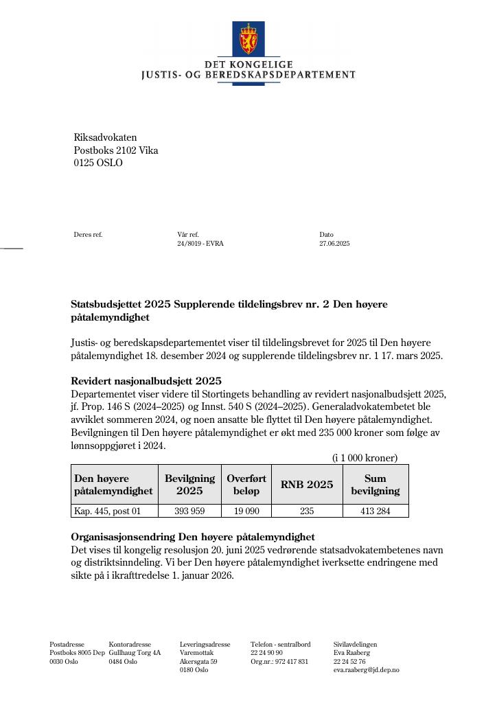 Forsiden av dokumentet Tildelingsbrev Riksadvokaten (Den høyere påtalemyndighet) 2025 - tillegg nr. 2