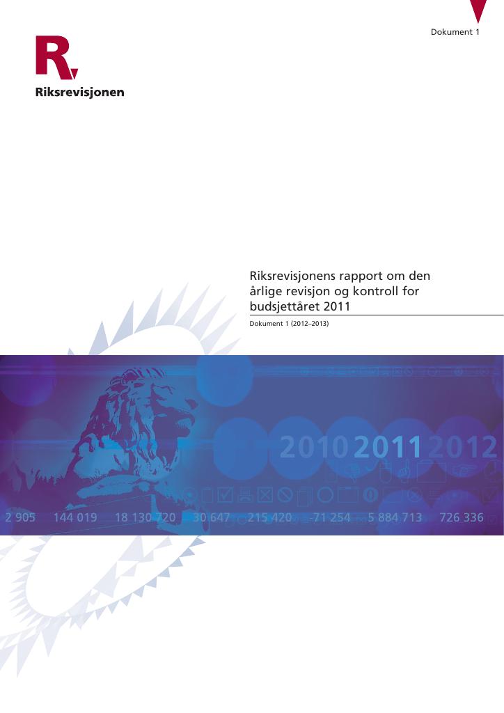 Forsiden av dokumentet Riksrevisjonens rapport om den årlige revisjon og kontroll for budsjettåret 2011