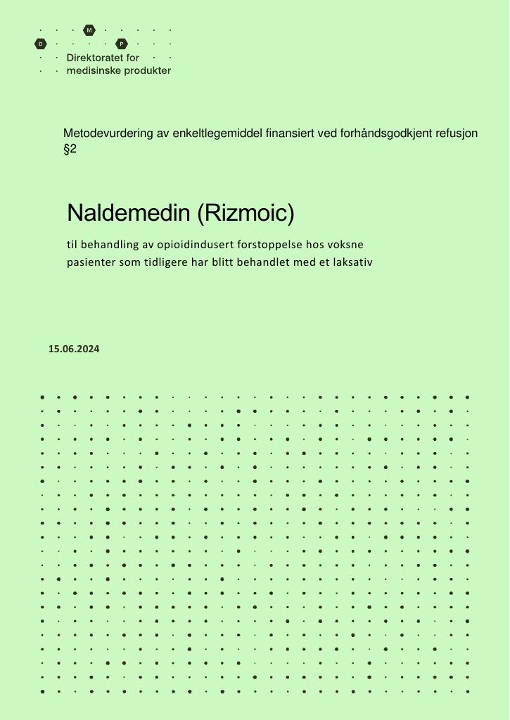 Forsiden av dokumentet Naldemedin (Rizmoic) til behandling av opioidindusert forstoppelse hos voksne pasienter som tidligere har blitt behandlet med et laksativ 