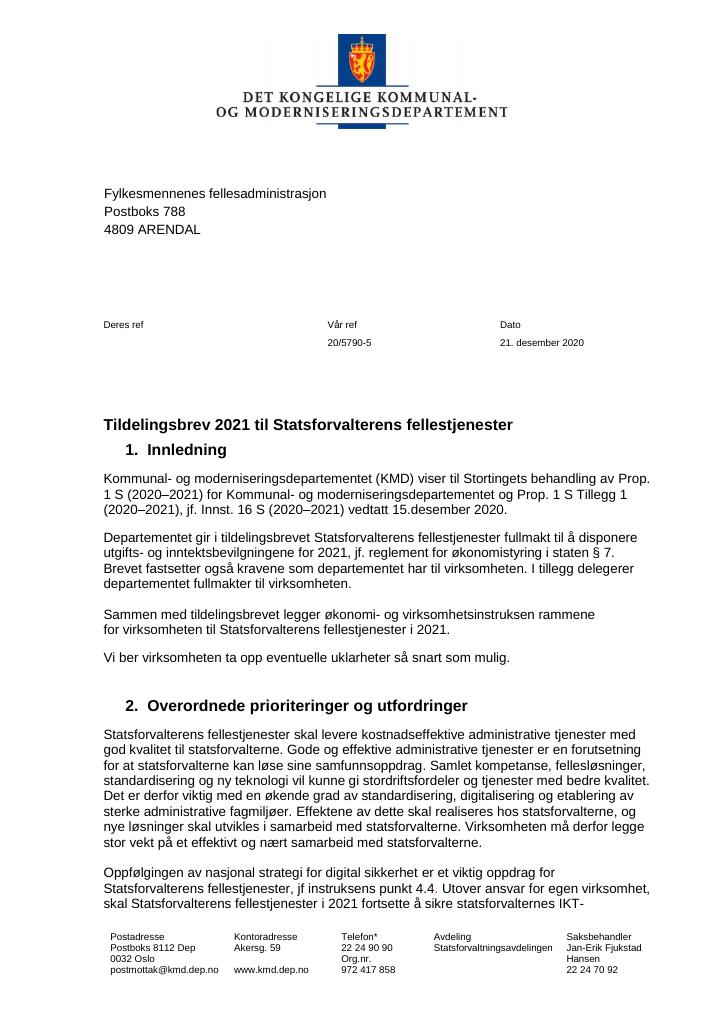 Forsiden av dokumentet Tildelingsbrev Statsforvalterens fellestjenester 2021