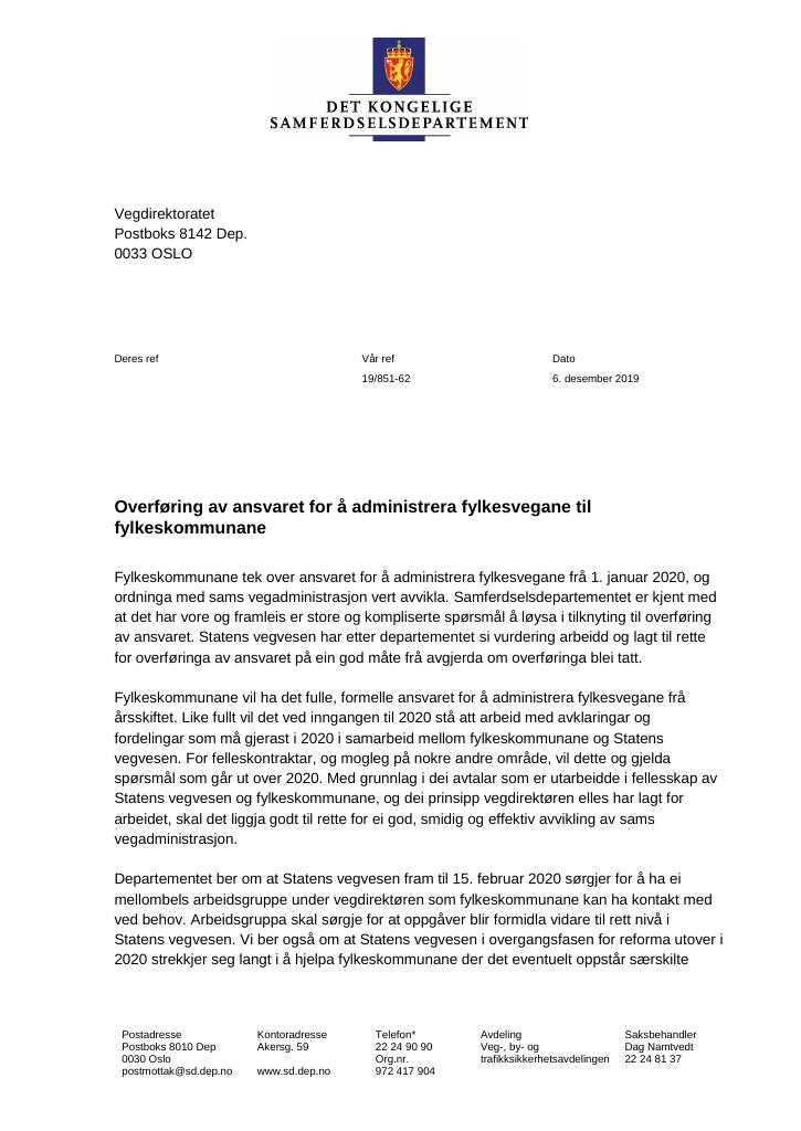 Forsiden av dokumentet Supplerende tildelingsbrev Vegdirektoratet 2019