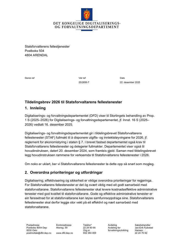 Forsiden av dokumentet Tildelingsbrev Statsforvalterens fellestjenester 2026