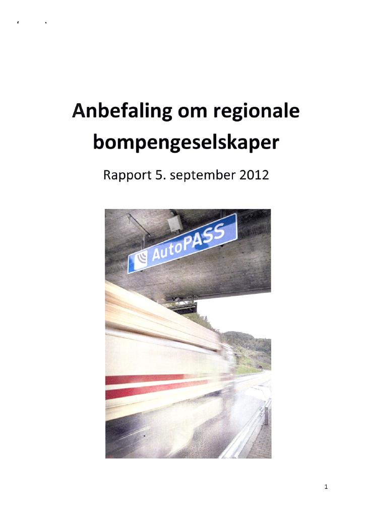 Forsiden av dokumentet Anbefaling om regionale bompengeselskaper