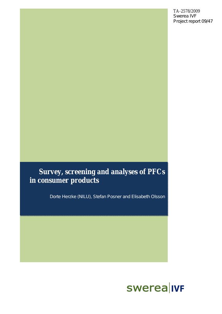 Forsiden av dokumentet Survey, screening and analyses of PFCs in consumer products