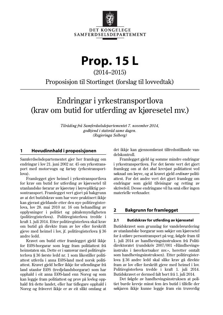 Forsiden av dokumentet Prop. 15 L (2014–2015)