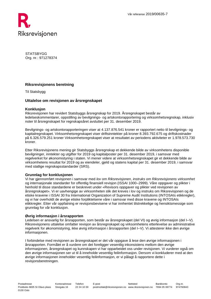 Forsiden av dokumentet Revisjonsberetning Statsbygg 2019
