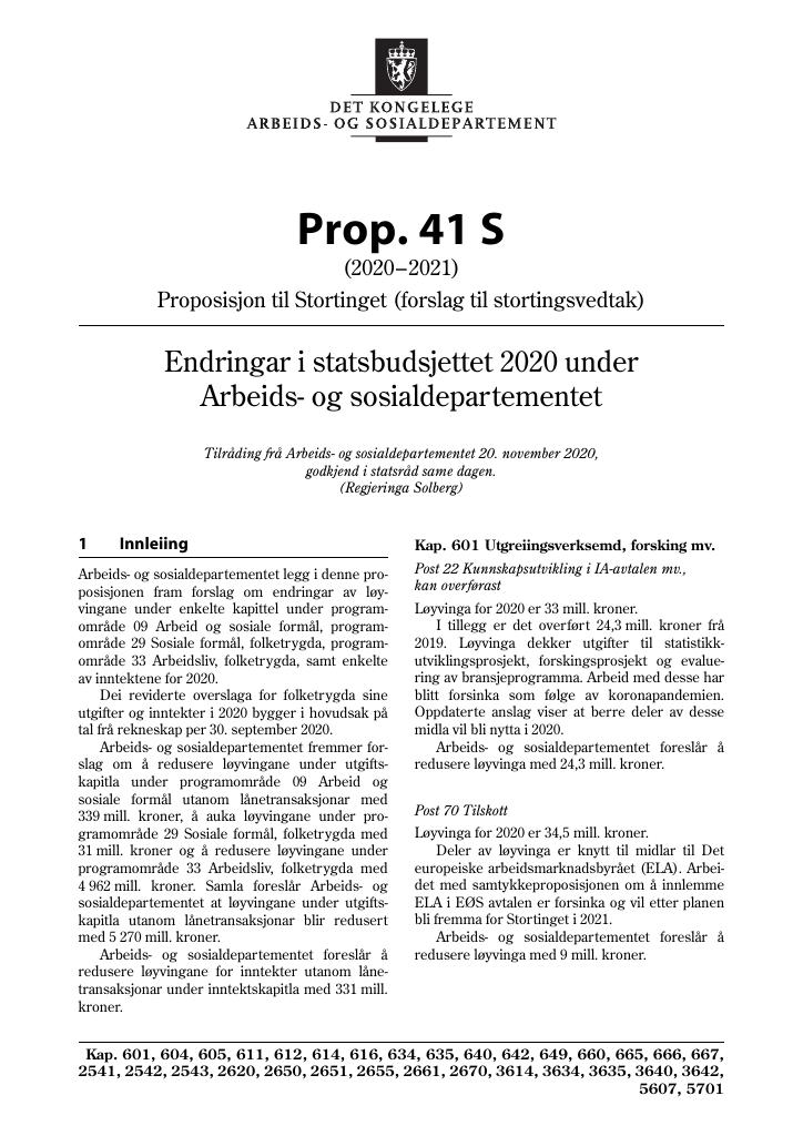 Forsiden av dokumentet Prop. 41 S (2020–2021)