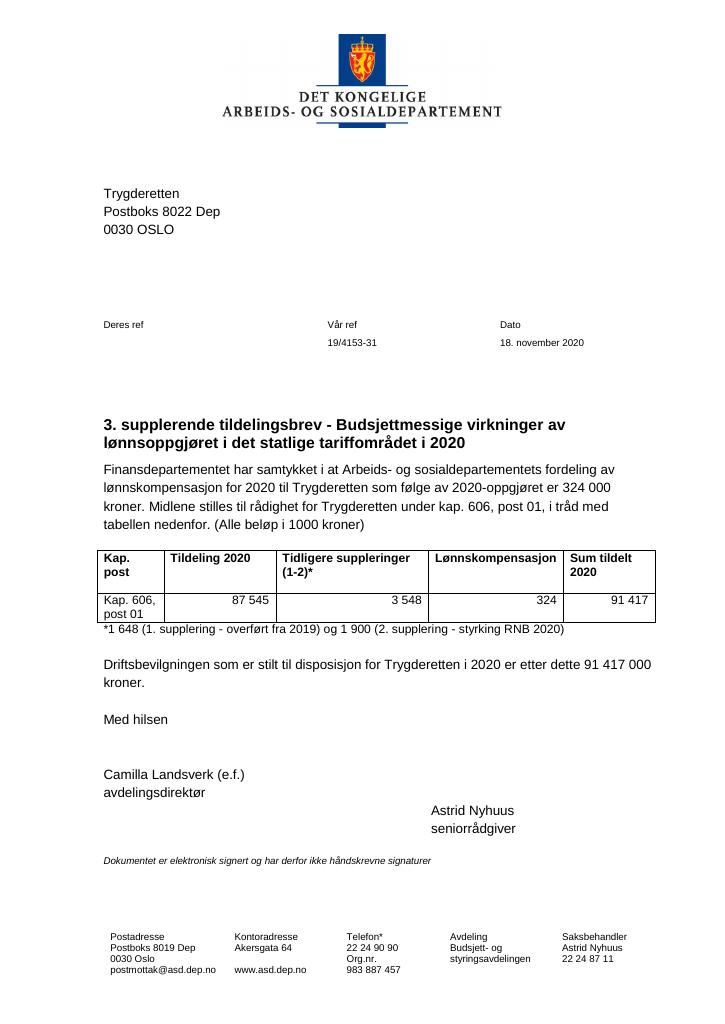 Forsiden av dokumentet Supplerende tildelingsbrev Trygderetten 2020 -  nr. 3