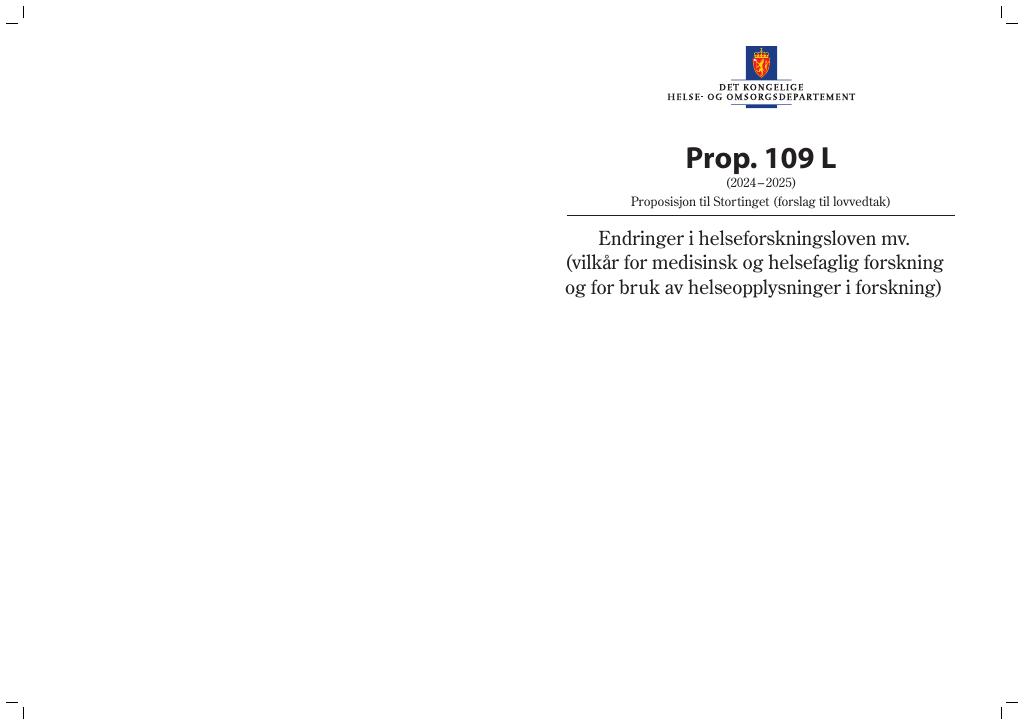 Forsiden av dokumentet Prop. 109 L (2024–2025)