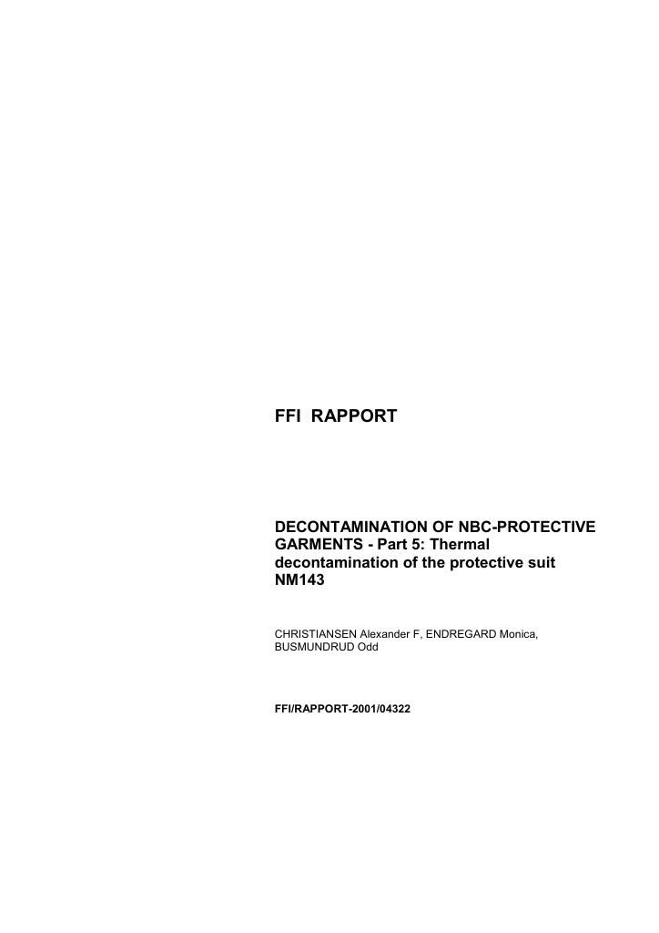 Forsiden av dokumentet Decontamination of NBC-protective garments - part 5: Thermal decontamination of the protective suit NM 143