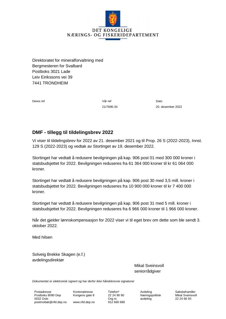 Forsiden av dokumentet Tildelingsbrev Direktoratet for mineralforvaltning med Bergmesteren for Svalbard 2022 - tillegg