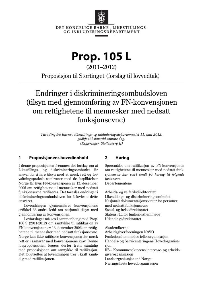 Forsiden av dokumentet Prop. 105 L (2011–2012)