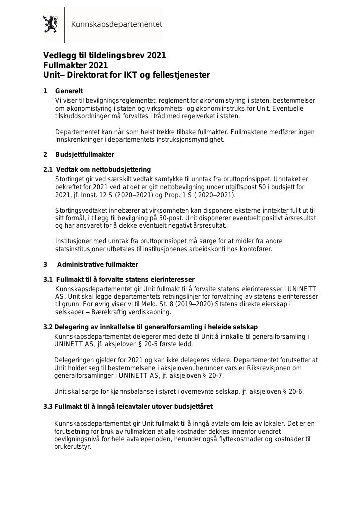 Forsiden av dokumentet Vedlegg til tildelingsbrev Unit– Direktorat for IKT og fellestjenester 2020