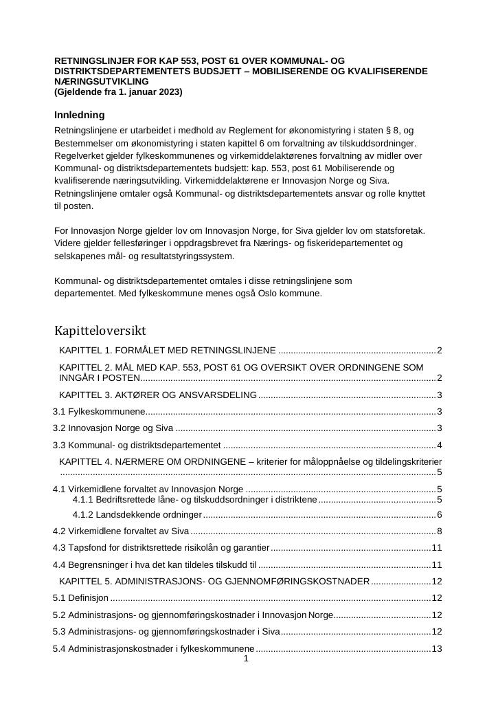 Forsiden av dokumentet Vedlegg 7 Retningslinjer for kap. 553, post 61