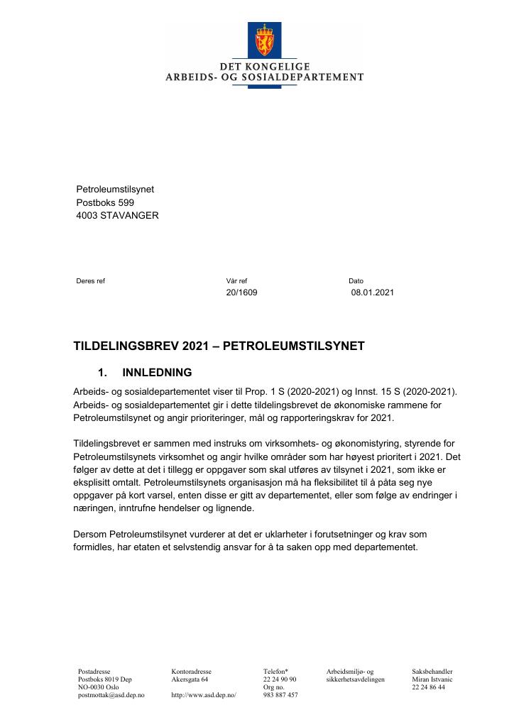 Forsiden av dokumentet Tildelingsbrev Petroleumstilsynet 2021