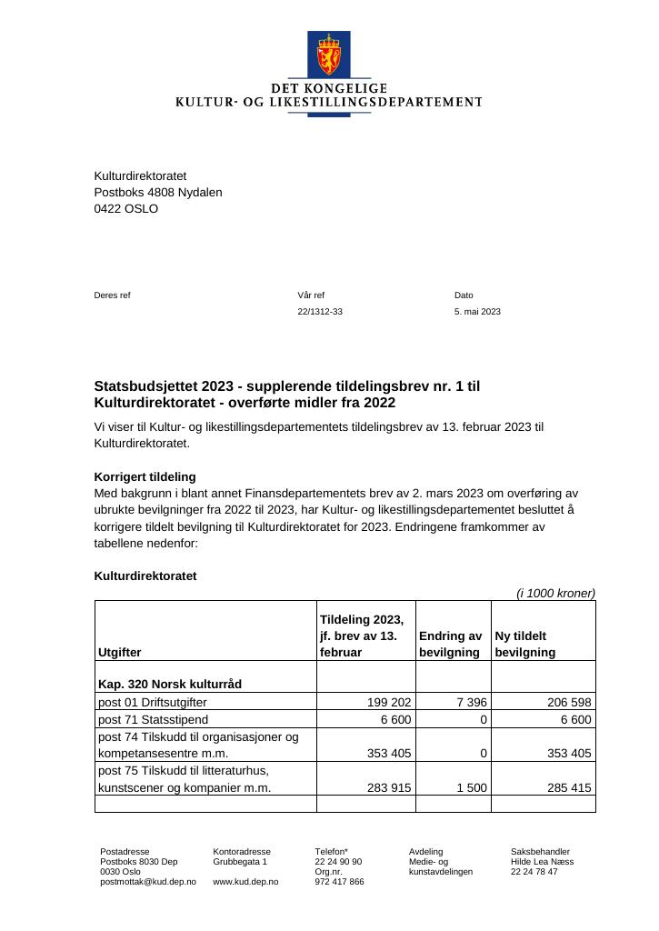 Forsiden av dokumentet Supplerende tildelingsbrev nr. 1 - 2023 (.pdf)