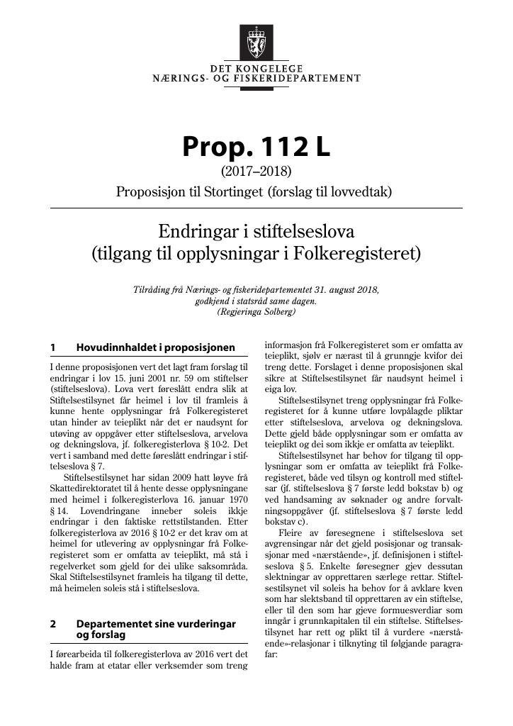 Forsiden av dokumentet Prop. 112 L (2017–2018)