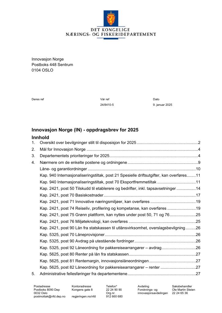 Forsiden av dokumentet Oppdragsbrev Innovasjon Norge 2025