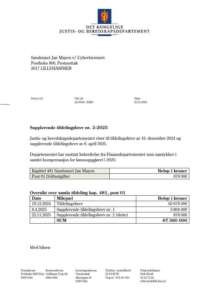 Forsiden av dokumentet Tildelingsbrev Samfunnet Jan Mayen – Cyberforsvaret 2025 - tillegg nr. 2
