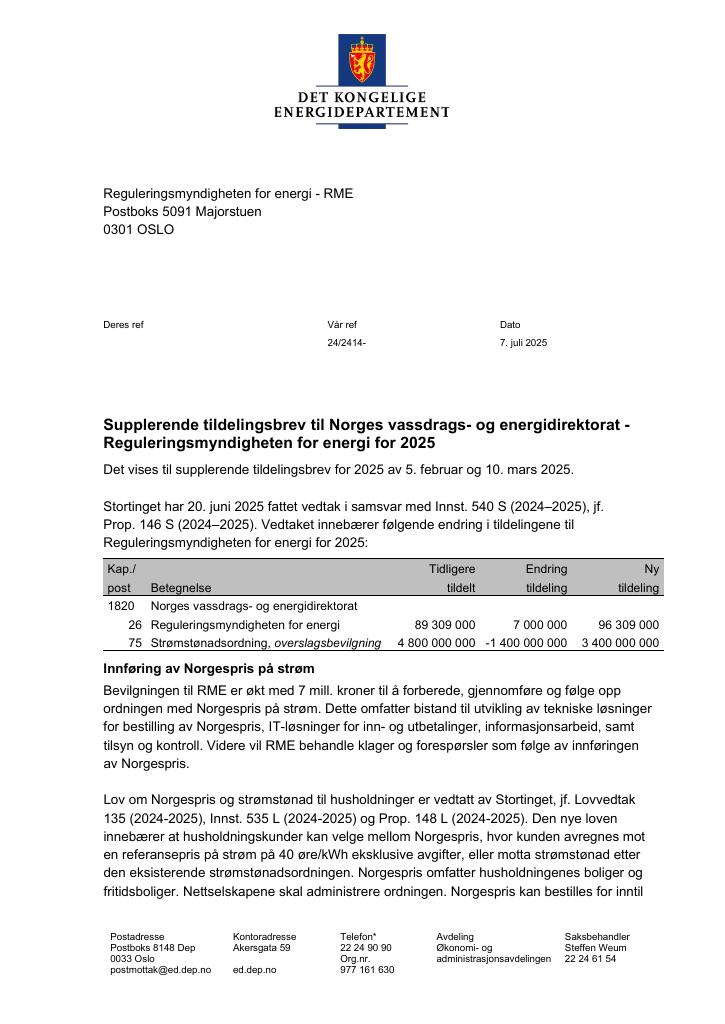 Forsiden av dokumentet Tildelingsbrev Reguleringsmyndigheten for energi (RME) 2025 - tillegg nr. 2