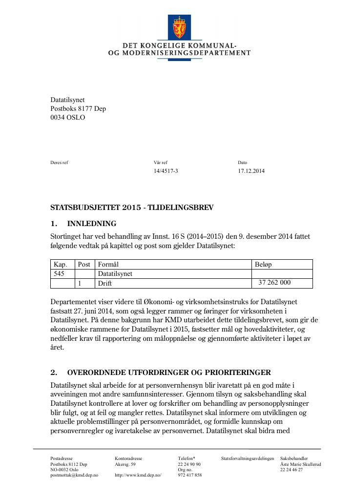 Forsiden av dokumentet Tildelingsbrev (pdf)