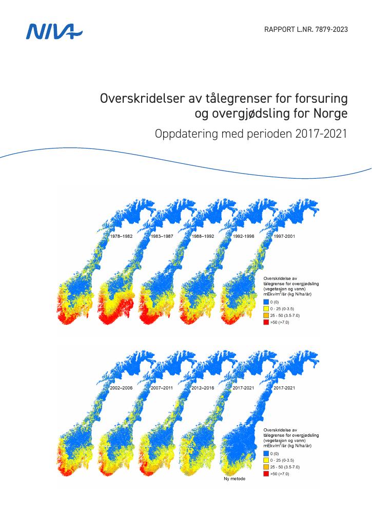 Forsiden av dokumentet Overskridelser av tålegrenser for forsuring og overgjødsling for Norge : oppdatering med perioden 2017‐2021