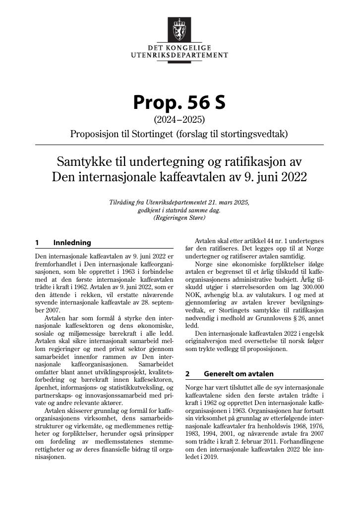 Forsiden av dokumentet Prop. 56 S (2024–2025)