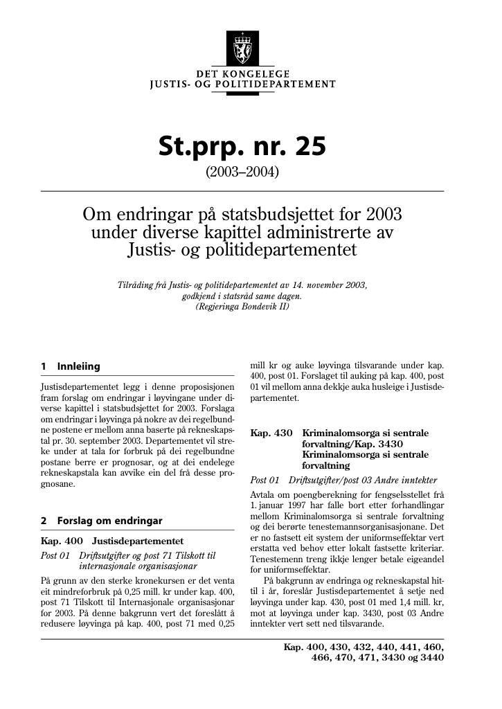 Forsiden av dokumentet St.prp. nr. 25 (2003-2004)