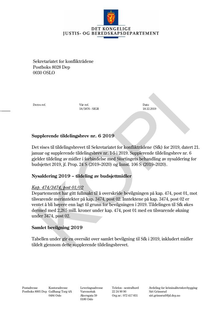 Forsiden av dokumentet Supplerende tildelingsbrev nr. 6 Sekretariatet for konfliktrådene 2019