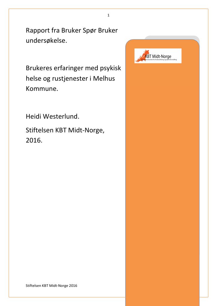 Forsiden av dokumentet Rapport fra Bruker Spør Bruker undersøkelse : brukeres erfaringer med psykisk helse og rustjenester i Melhus Kommune