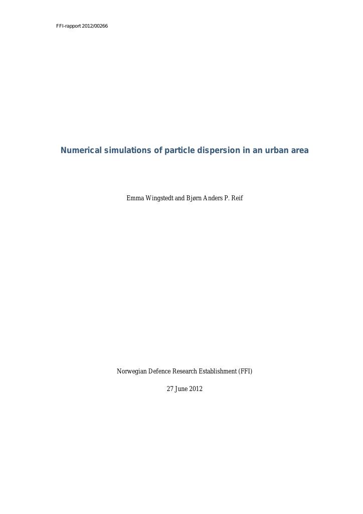 Forsiden av dokumentet Numerical simulations of particle dispersion in an urban area