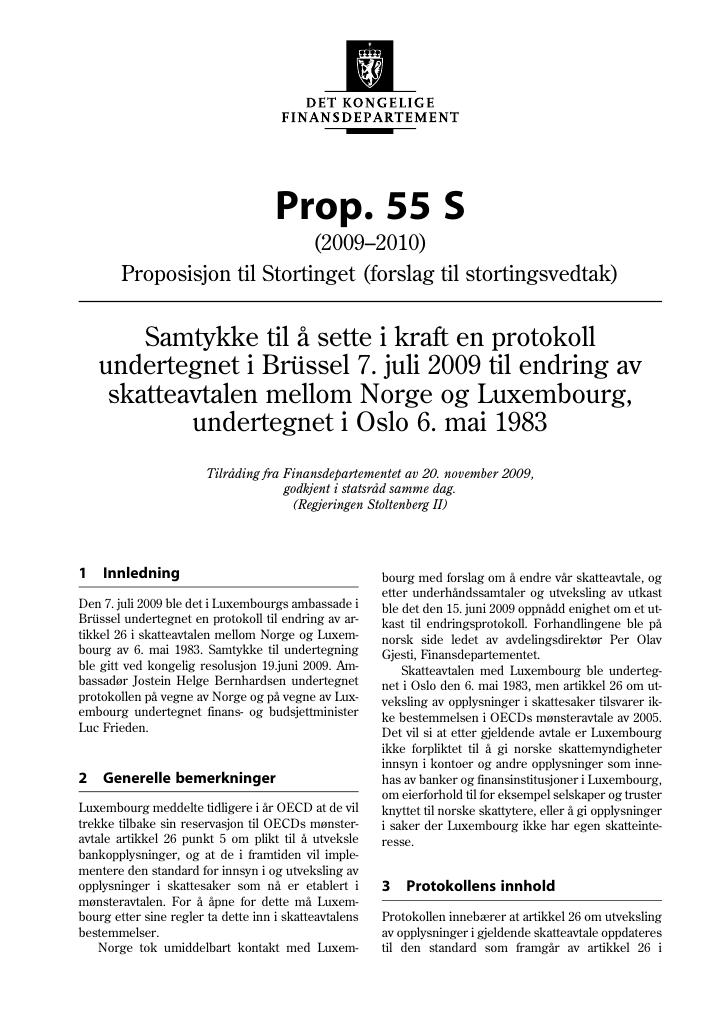 Forsiden av dokumentet Prop. 55 S (2009-2010)