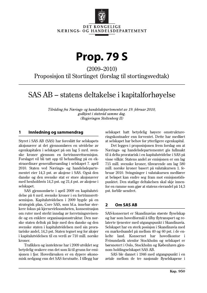 Forsiden av dokumentet Prop. 79 S (2009-2010)