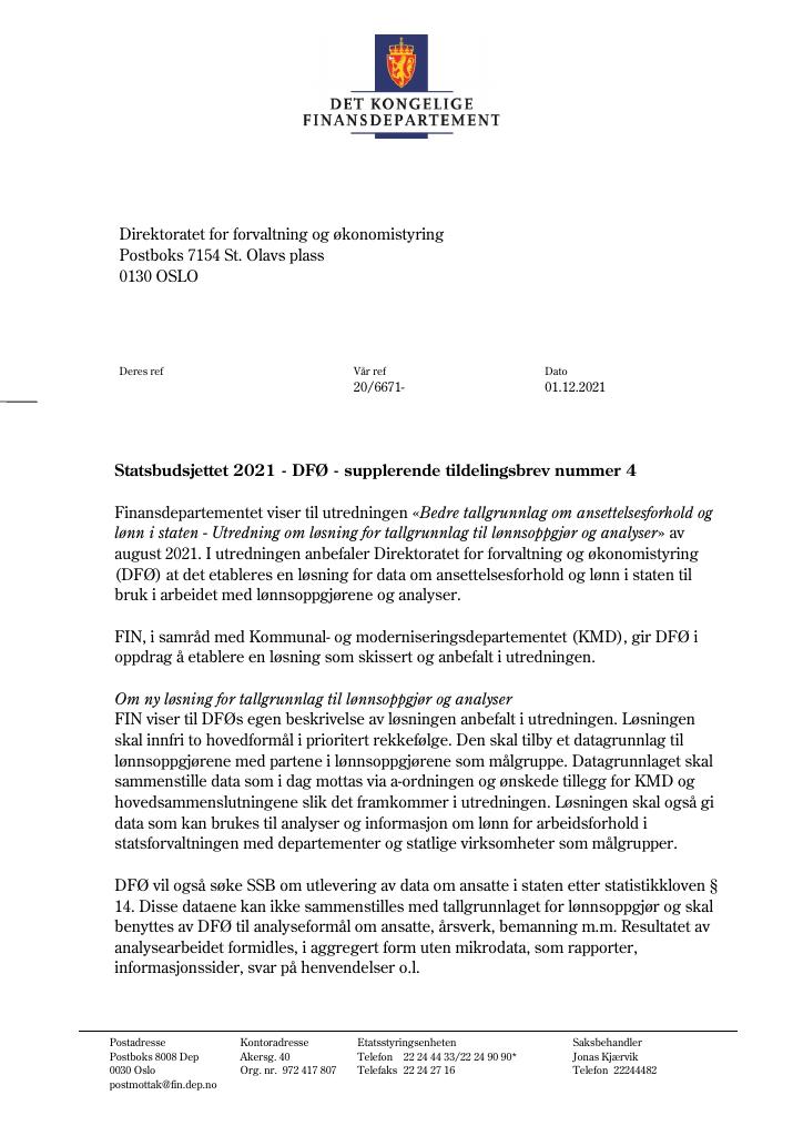 Forsiden av dokumentet Tildelingsbrev DFØ 2021 - tillegg nr. 4