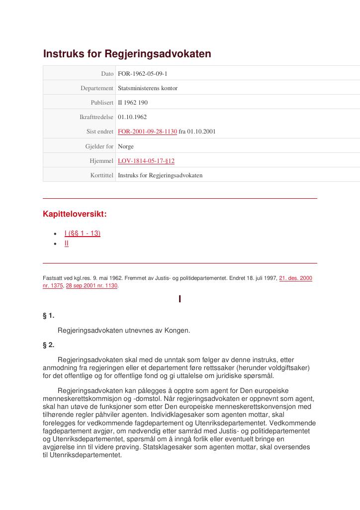 Forsiden av dokumentet Instruks for Regjeringsadvokaten