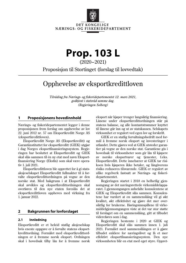 Forsiden av dokumentet Prop. 103 L (2020–2021)