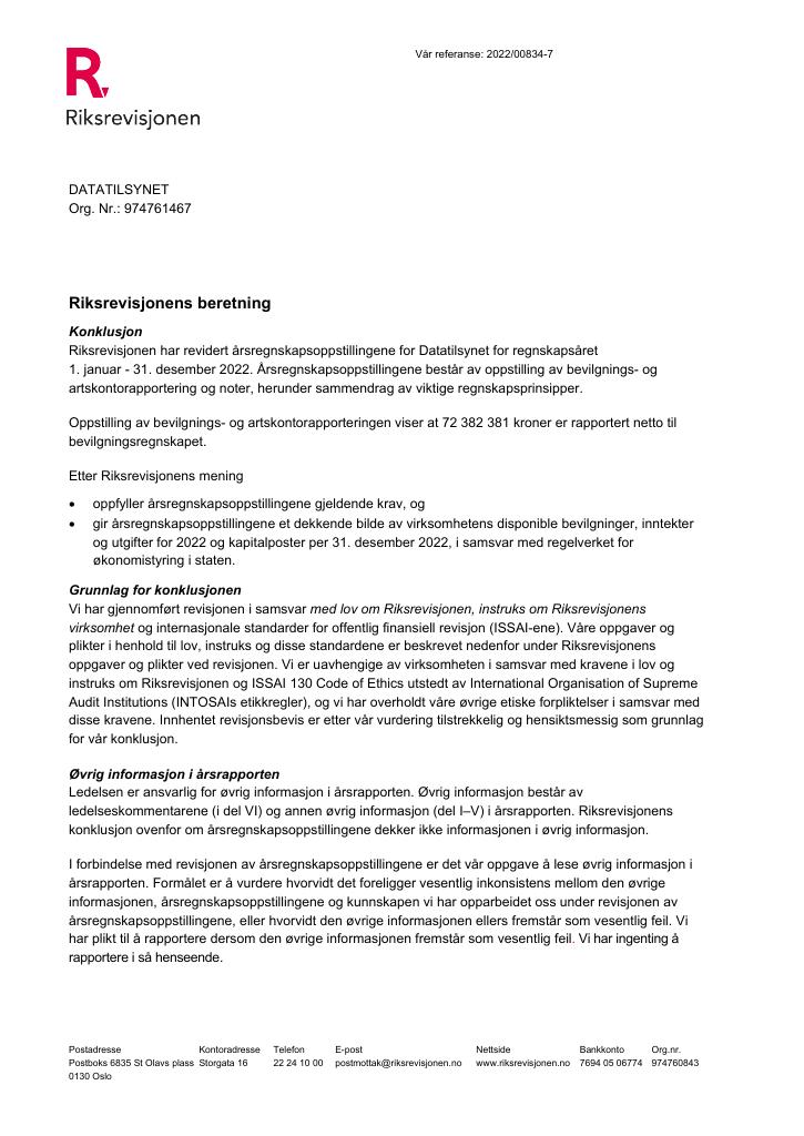 Forsiden av dokumentet Revisjonsberetning(pdf) 2022