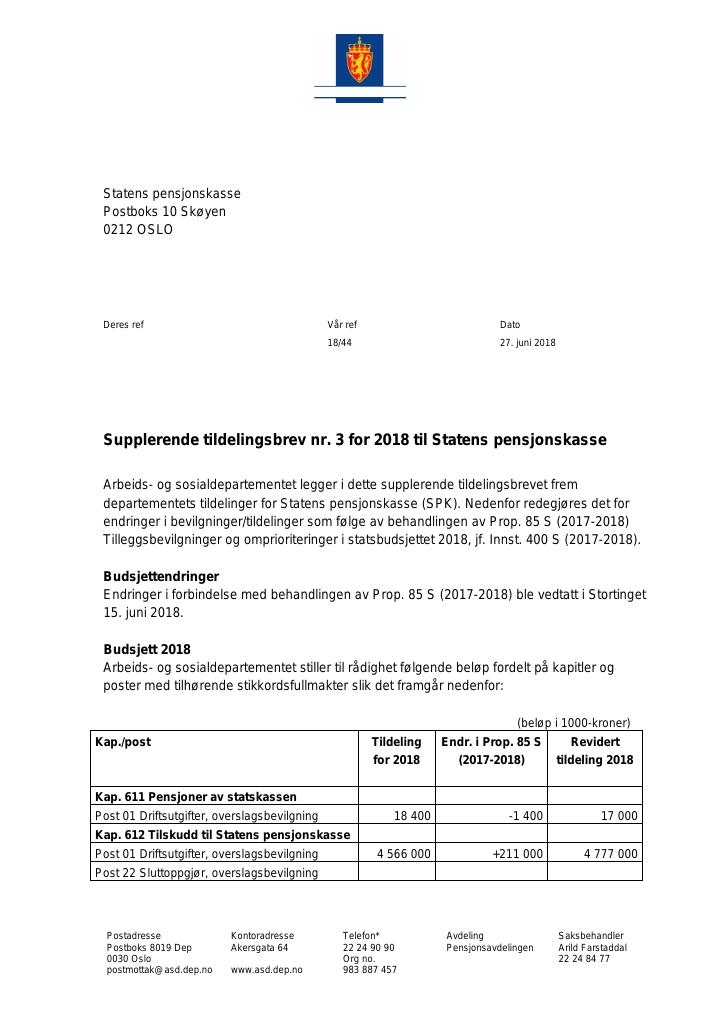 Forsiden av dokumentet Supplerende tildelingsbrev nr. 3 Statens pensjonskasse 2018