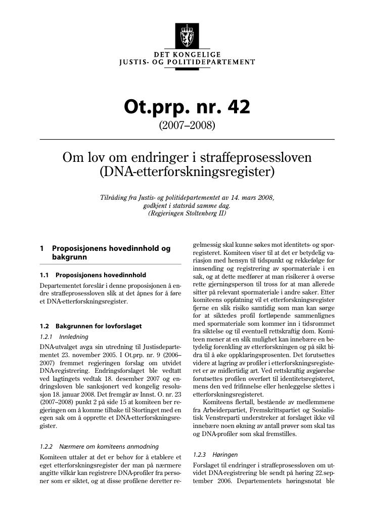 Forsiden av dokumentet Ot.prp. nr. 42 (2007-2008)