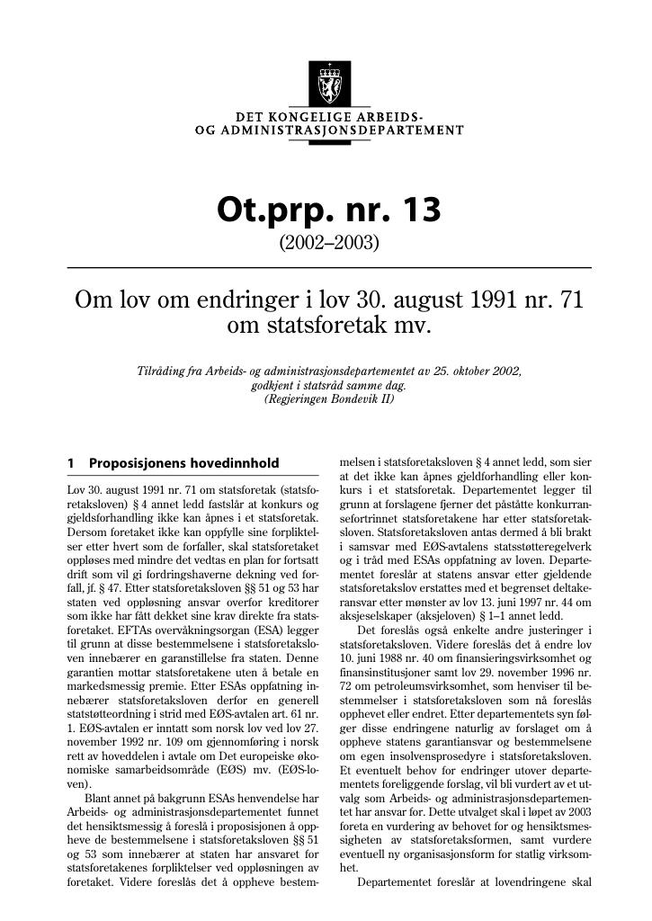 Forsiden av dokumentet Ot.prp. nr. 13 (2002-2003)