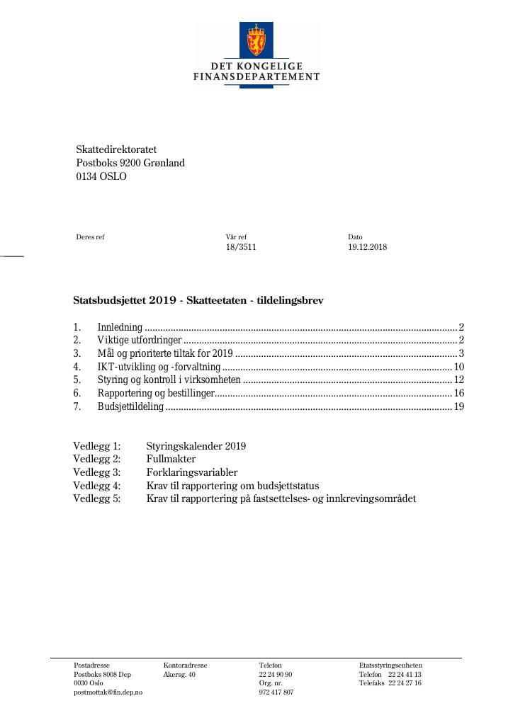 Forsiden av dokumentet Tildelingsbrev Skatteetaten 2019