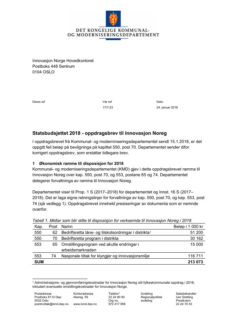 Forsiden av dokumentet Oppdragsbrev Innovasjon Norge 2018