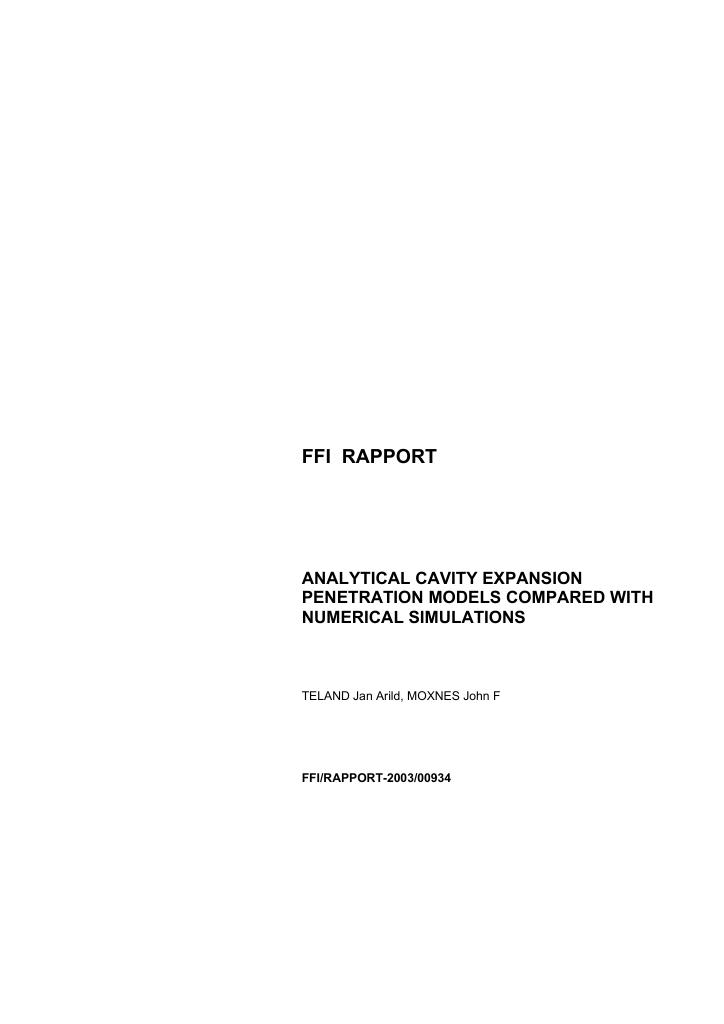 Forsiden av dokumentet Analytical cavity expansion penetration models compared with numerical simulations