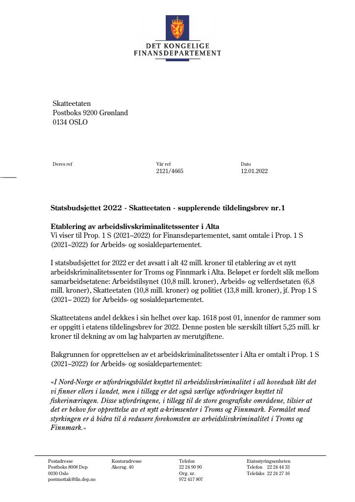 Forsiden av dokumentet Tildelingsbrev Skatteetaten 2022 - tillegg nr. 1