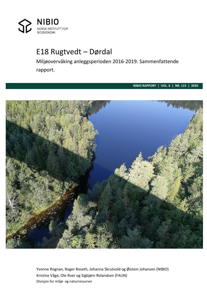 Forsiden av dokumentet E18 Rugtvedt – Dørdal. Miljøovervåking anleggsperioden 2016-2019. Sammenfattende rapport.