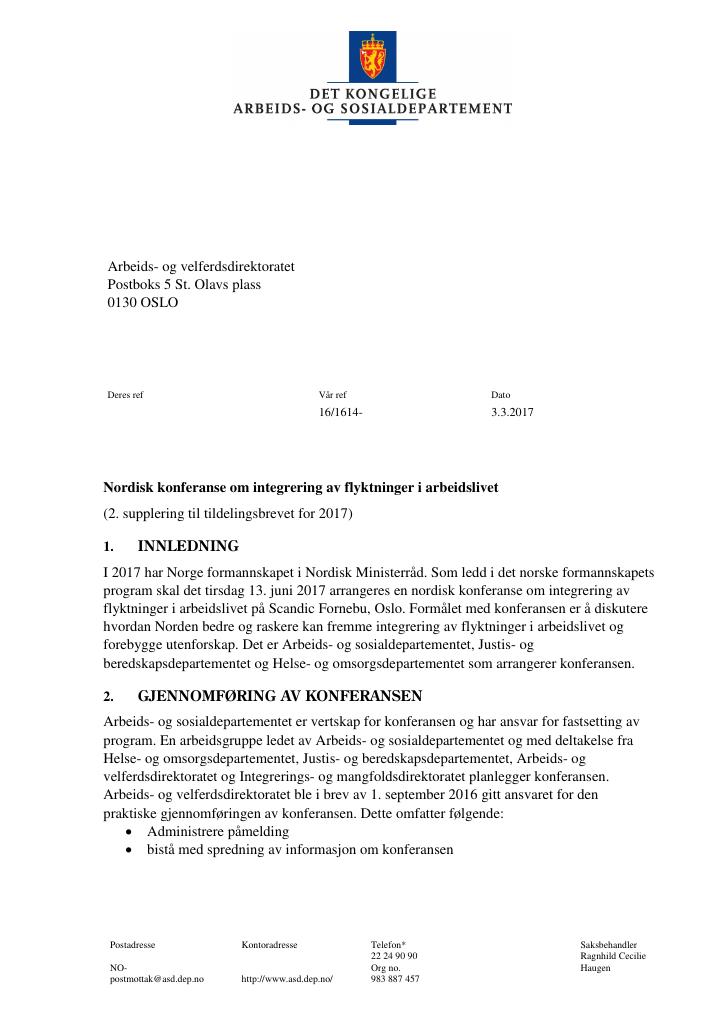 Forsiden av dokumentet Tildelingsbrev Arbeids- og velferdsdirektoratet 2017 - tillegg nr. 2