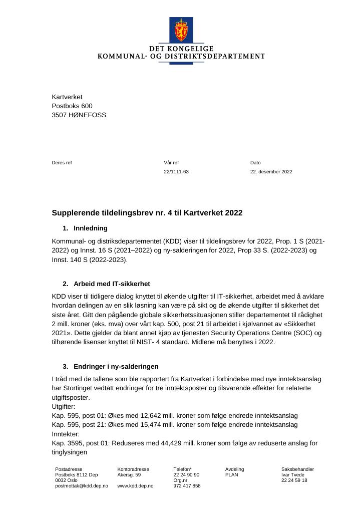 Tildelingsbrev Kartverket 2022 - Tillegg Nr. 4 - Kudos