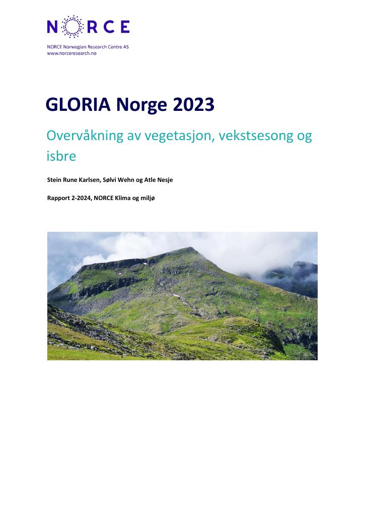 Forsiden av dokumentet Gloria Norge 2023 - Overvåkning av vegetasjon, vekstsesong og isbre : M-2774